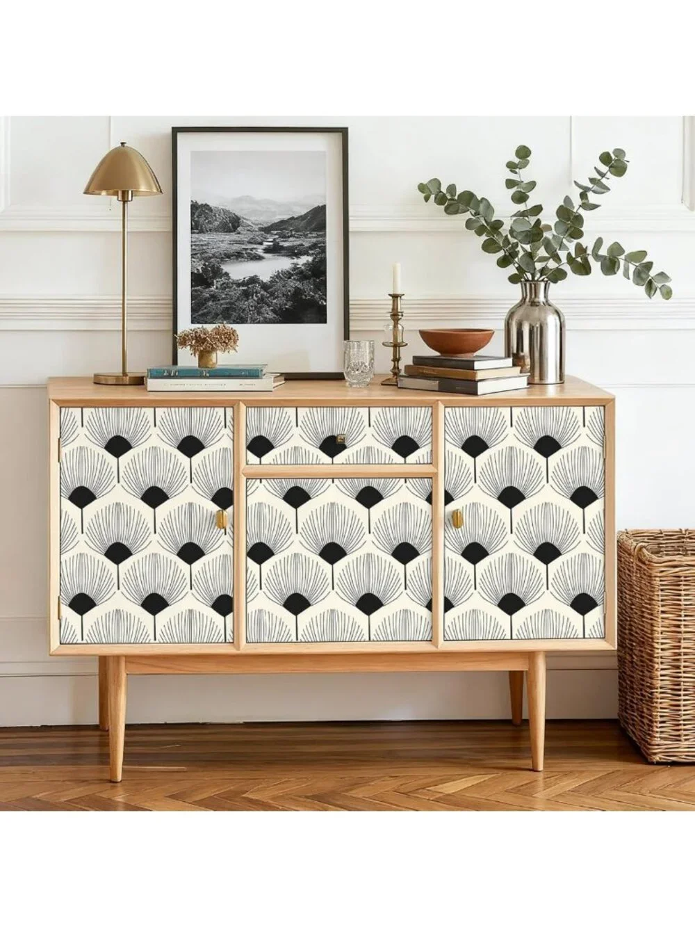 Modern Beige & Black Geometric Peel and Stick Wallpaper | Boho Art Deco Accent